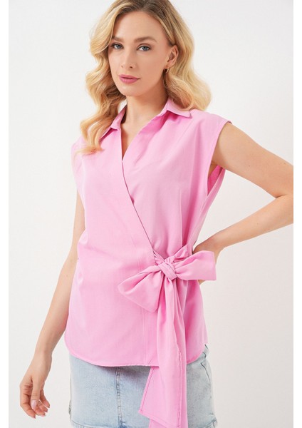 Kadın Bdart Bağlama Detaylı V Yaka Kolsuz Poplin Gömlek Karanfil Pembesi fırsatları