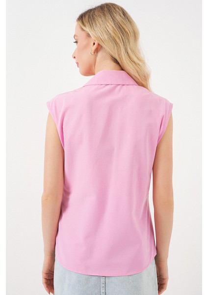 Kadın Bdart Bağlama Detaylı V Yaka Kolsuz Poplin Gömlek Karanfil Pembesi