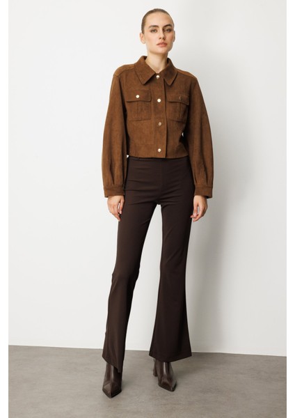 Kadın Kapak Cepli Süet Crop Ceket 60503 Kahverengi