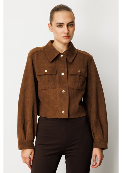 Kadın Kapak Cepli Süet Crop Ceket 60503 Kahverengi fiyatları