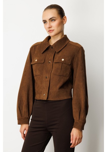 Kadın Kapak Cepli Süet Crop Ceket 60503 Kahverengi modelleri