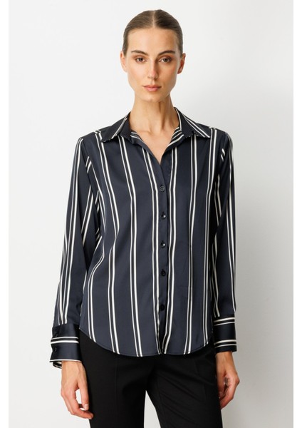 Kadın Çizgili Saten Gömlek 64300 Siyah-Ekru