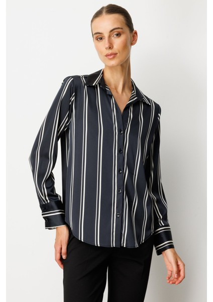 Kadın Çizgili Saten Gömlek 64300 Siyah-Ekru fiyatları