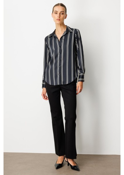 Kadın Çizgili Saten Gömlek 64300 Siyah-Ekru modelleri