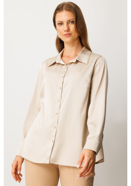 Kadın Büyük Beden Düğmeli Saten Gömlek 3505 Inci
