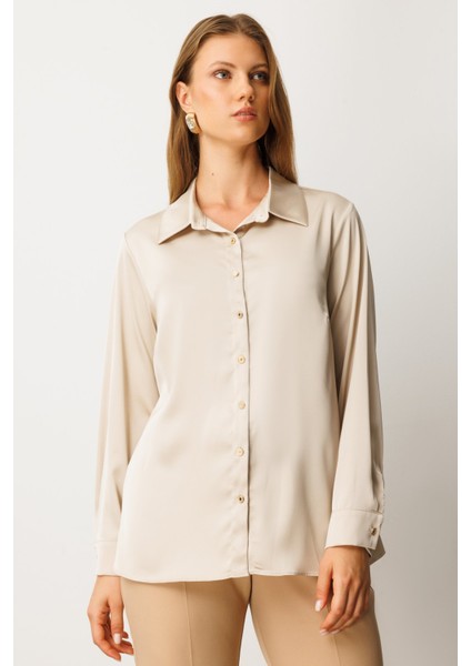 Kadın Büyük Beden Düğmeli Saten Gömlek 3505 Inci modelleri