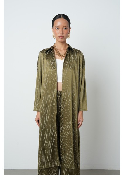 Kadın Haki Renk Desenli Uzun Tunik Tesettür Gömlek - Elbise