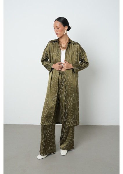 Kadın Haki Renk Desenli Uzun Tunik Tesettür Gömlek - Elbise modelleri