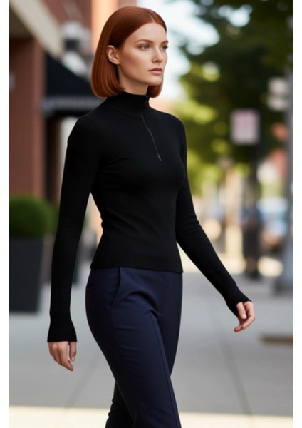 Kadın Fermuarlı Dik Yaka Uzun Kollu Esnek Örme Bluz Vücuda Oturan Basic Siluet Cool & Comfort Tarzı modelleri