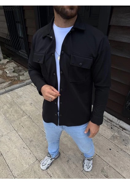 Erkek Diagonal Kumaş Cepli Çıtçıtlı Uzun Kollu, Gömlek Oversize Rahat Kalıp Günlük Şık Stil - Siyah fırsatları
