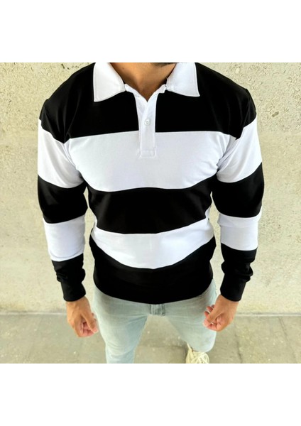 Erkek Polo Yaka Uzun Kollu Çizgili Sweatshirt Trend Rugby Stil - Siyah fiyatları
