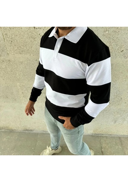 Erkek Polo Yaka Uzun Kollu Çizgili Sweatshirt Trend Rugby Stil - Siyah fırsatları