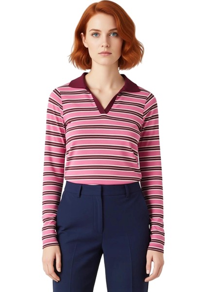 Genç Kız Fitted Çizgili Polo Yaka Uzun Kollu Örme Üst Kaliteli Şık Rahat Modern Zarif Günlük