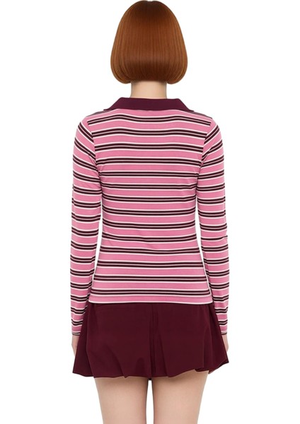 Genç Kız Fitted Çizgili Polo Yaka Uzun Kollu Örme Üst Kaliteli Şık Rahat Modern Zarif Günlük fiyatları