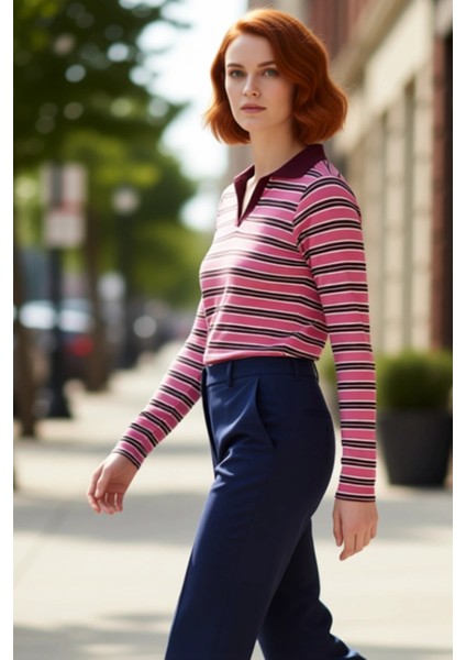 Genç Kız Fitted Çizgili Polo Yaka Uzun Kollu Örme Üst Kaliteli Şık Rahat Modern Zarif Günlük modelleri