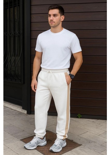 Erkek Üç Iplik Kışlık Pamuklu Yandan Garneli Kalın Bej Şeritli Cepli Eşofman Altı - Beyaz