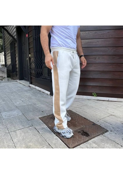 Erkek Üç Iplik Kışlık Pamuklu Yandan Garneli Kalın Bej Şeritli Cepli Eşofman Altı - Beyaz fiyatları