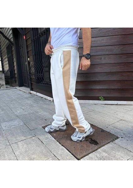 Erkek Üç Iplik Kışlık Pamuklu Yandan Garneli Kalın Bej Şeritli Cepli Eşofman Altı - Beyaz modelleri