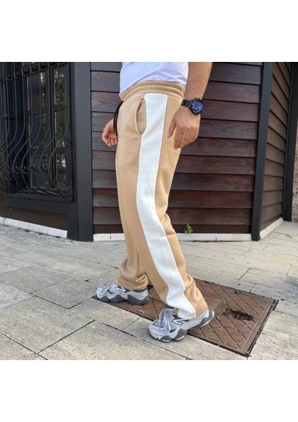 Erkek Üç Iplik Kışlık Pamuklu Yandan Garneli Kalın Şeritli Cepli Eşofman Altı - Bej fiyatları