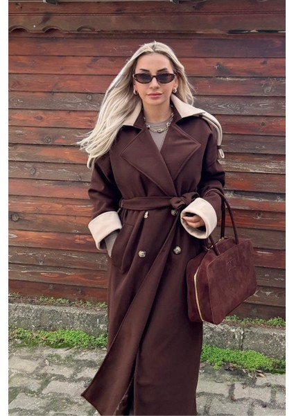 Oversize Uzun Kahverengi Kaşe Kadın Pardesü