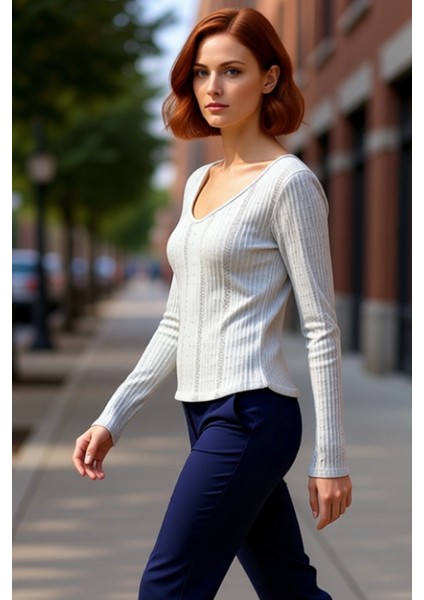 Kadın V Yaka Uzun Kollu Punto Detaylı Bluz Kaliteli Şık Rahat Modern Zarif Günlük modelleri