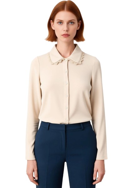 Kadın Polo Yaka Düğmeli Esnek Örme Üst Dantel Yaka Detaylı Kaliteli Şık Rahat Modern Zarif