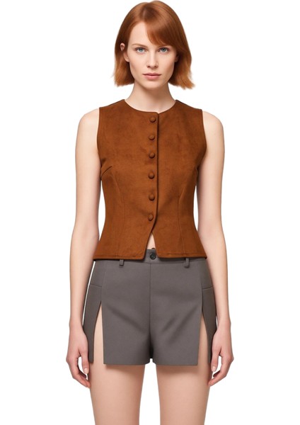 Kadınlar Için Slim Fit Düğmeli Bisiklet Yaka Örme Süet Yelek Kaliteli Şık Rahat Modern Zarif