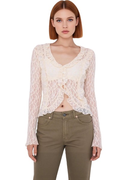 Kadın Uzun Kollu V Yaka Örme Bluz Fırfır Detaylı ve Flare Kol Tasarım Kaliteli Şık Rahat Modern