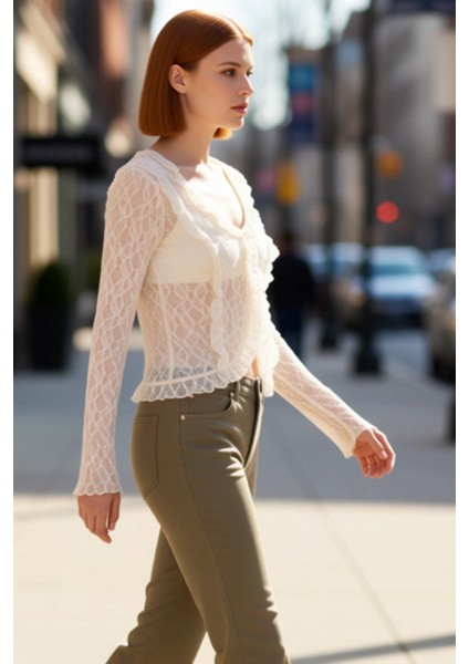 Kadın Uzun Kollu V Yaka Örme Bluz Fırfır Detaylı ve Flare Kol Tasarım Kaliteli Şık Rahat Modern modelleri