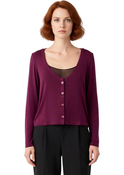 Kadın Relaxed Kalıp Düğmeli V Yaka Uzun Kollu Örme Bluz Kaliteli Şık Rahat Modern Zarif Günlük