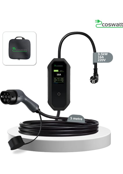 Elektrikli Araç Taşınabilir Şarj Cihazı 3.5 kW / 16A / Türkçe Menü / 5M / Tip-2 Soket / 2x16A Ev Tipi Fiş / 220V AC / Taşıma Çantası