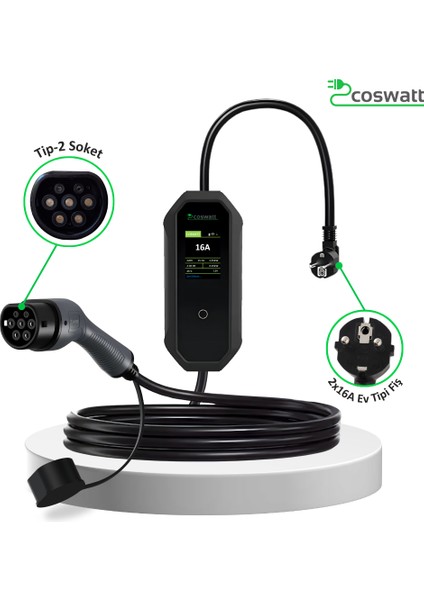 Elektrikli Araç Taşınabilir Şarj Cihazı 3.5 kW / 16A / Türkçe Menü / 5M / Tip-2 Soket / 2x16A Ev Tipi Fiş / 220V AC / Taşıma Çantası fiyatları