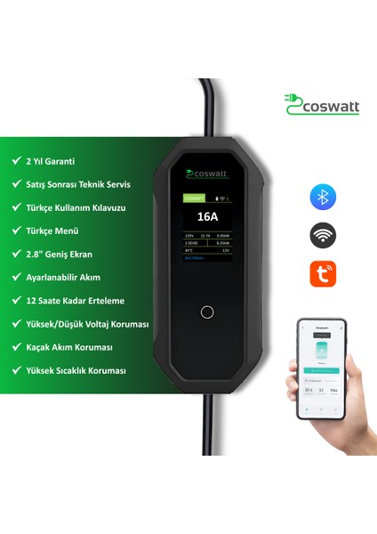 Elektrikli Araç Taşınabilir Şarj Cihazı 3.5 kW / 16A / Türkçe Menü / 5M / Tip-2 Soket / 2x16A Ev Tipi Fiş / 220V AC / Taşıma Çantası fırsatları