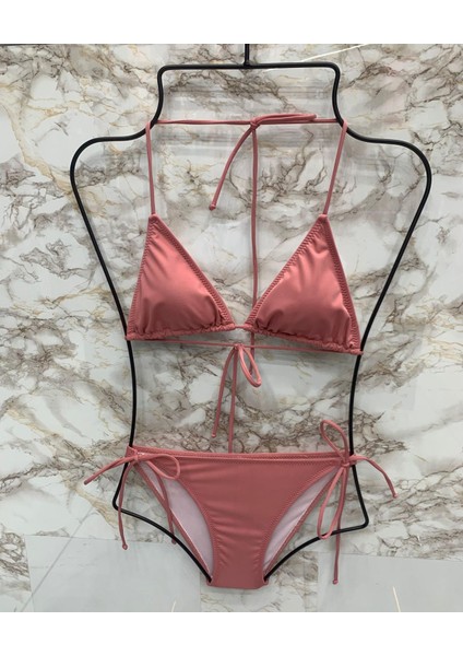 Kadın Gül Kurusu Likralı Yandan Boyundan Bağlamalı Şık İpli Üçgen Bikini Takım