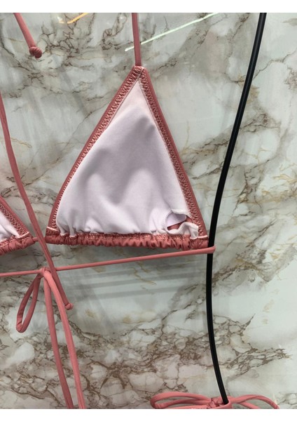 Kadın Gül Kurusu Likralı Yandan Boyundan Bağlamalı Şık İpli Üçgen Bikini Takım indirimleri