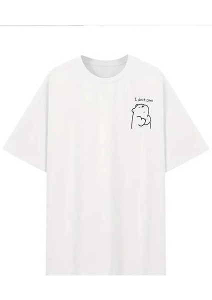 [günlük T-Shirt] Hafif Kadın Günlük T-Shirt | Bol Kesim, Kısa Kollu, Yuvarlak Yaka, Eğlenceli Karikatür Ayı ve "umrumda Değil" Baskı - Günlük Stil, Ilkbahar/yaz- Beyaz modelleri