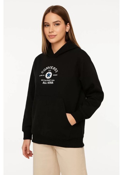 Kadın Kapşonlu Sweatshirt – Üç Iplik Şardonlu Kumaş, Oversize Fit, Ön & Arka Baskılı, Kanguru Cepli, Kışlık Rahat Hoodie- Siyah