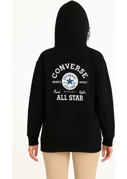 Kadın Kapşonlu Sweatshirt – Üç Iplik Şardonlu Kumaş, Oversize Fit, Ön & Arka Baskılı, Kanguru Cepli, Kışlık Rahat Hoodie- Siyah modelleri