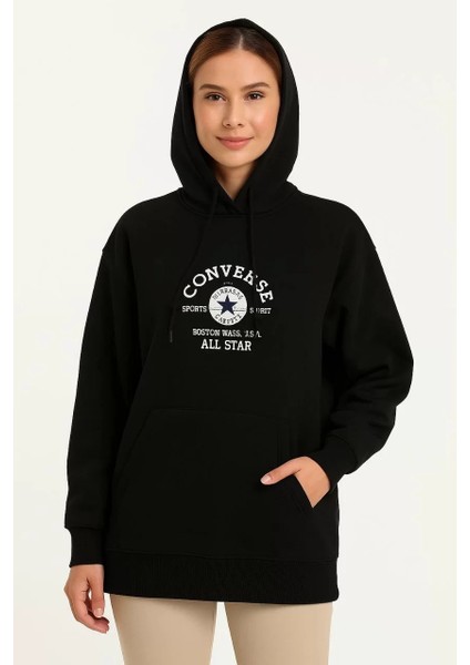 Kadın Kapşonlu Sweatshirt – Üç Iplik Şardonlu Kumaş, Oversize Fit, Ön & Arka Baskılı, Kanguru Cepli, Kışlık Rahat Hoodie- Siyah fırsatları