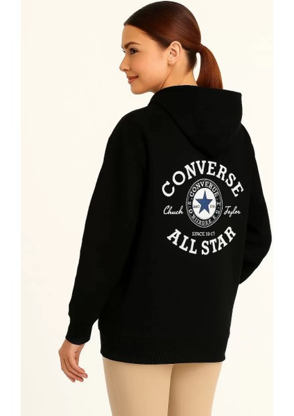 Kadın Kapşonlu Sweatshirt – Üç Iplik Şardonlu Kumaş, Oversize Fit, Ön & Arka Baskılı, Kanguru Cepli, Kışlık Rahat Hoodie- Siyah indirimleri