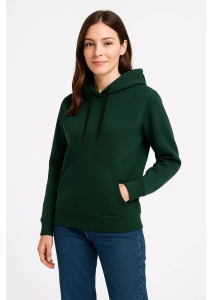 Kadın Üç Iplik Kapüşonlu Kanguru Cepli Sweatshirt Hoodie - Haki