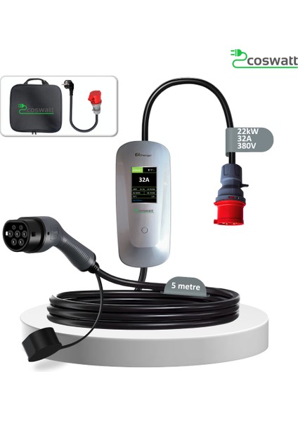 Elektrikli Araç Taşınabilir Şarj Cihazı 22 kW / 32A / Tip-2 Soket / 5x32A Fiş / 5M / 380V AC / IEC 62196 / Ev Tipi Priz Dönüştürücü Kablosu ve Taşıma Çantası