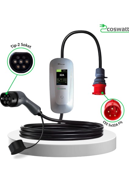 Elektrikli Araç Taşınabilir Şarj Cihazı 22 kW / 32A / Tip-2 Soket / 5x32A Fiş / 5M / 380V AC / IEC 62196 / Ev Tipi Priz Dönüştürücü Kablosu ve Taşıma Çantası fiyatları