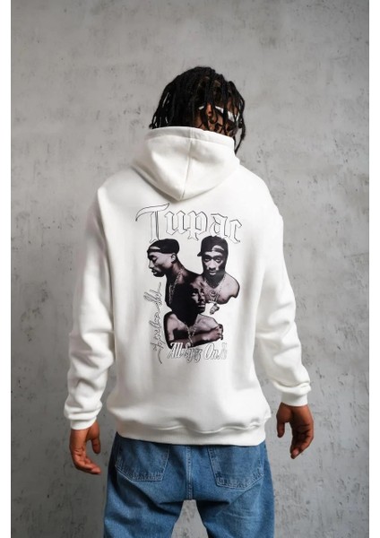 Erkek Oversize Üç Iplik Kapüşonlu Sweat – Kol ve Etek Ribana Detaylı, Ön ve Sırt Baskılı, Kanguru Cepli Rahat Kalıp Model - Beyaz