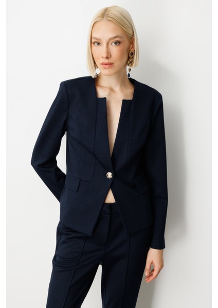 Kadın Tek Düğme Süs Kapak Cepli Ceket 5141 Lacivert