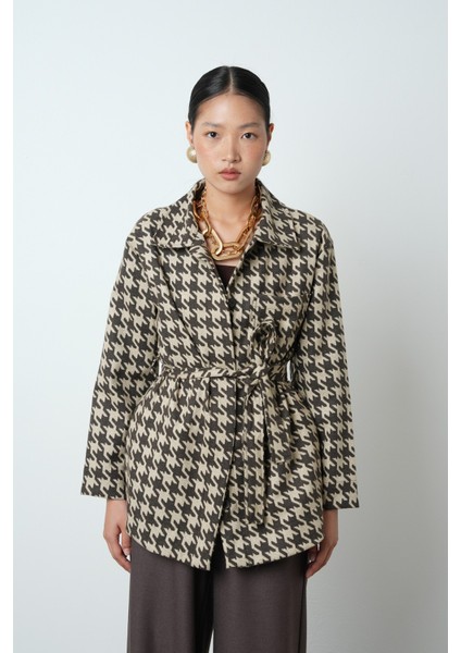 Kadın Kazayağı Desenli Cepli Astarsız Kahverengi Ceket-Gömlek