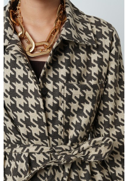 Kadın Kazayağı Desenli Cepli Astarsız Kahverengi Ceket-Gömlek modelleri