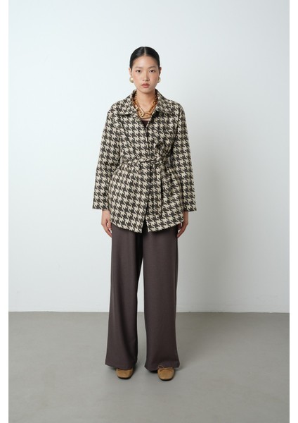 Kadın Kazayağı Desenli Cepli Astarsız Kahverengi Ceket-Gömlek fırsatları