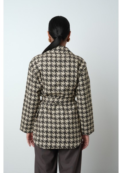 Kadın Kazayağı Desenli Cepli Astarsız Kahverengi Ceket-Gömlek indirimleri