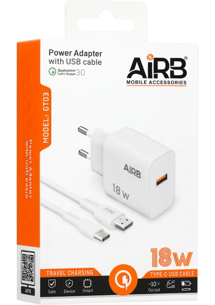 Arb 18W Hızlı Şarj Adaptörü + Type-C Kablo | Qualcomm Quick Charge 3.0 | Model GT03